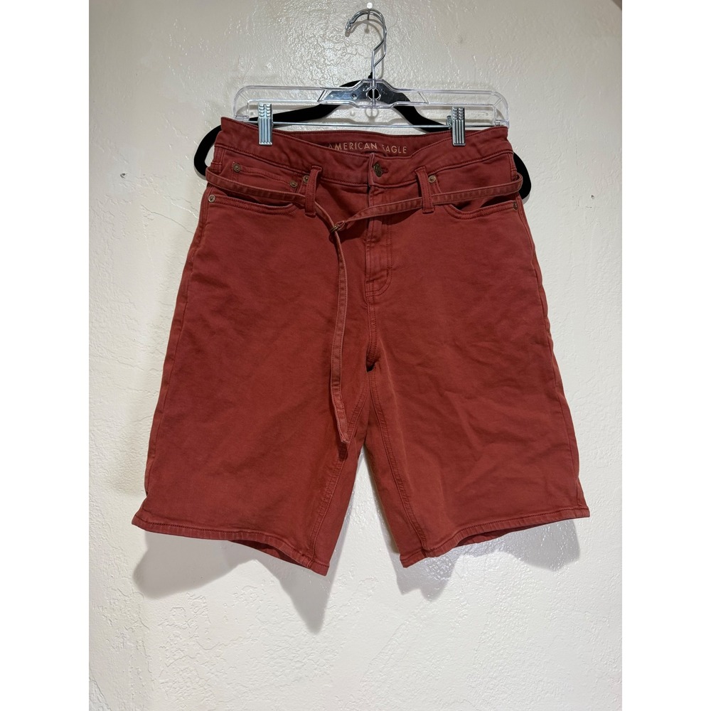 American Eagle Women Brick Red Stretch jorts Denim Shorts with Tie‎ Belt Size 4